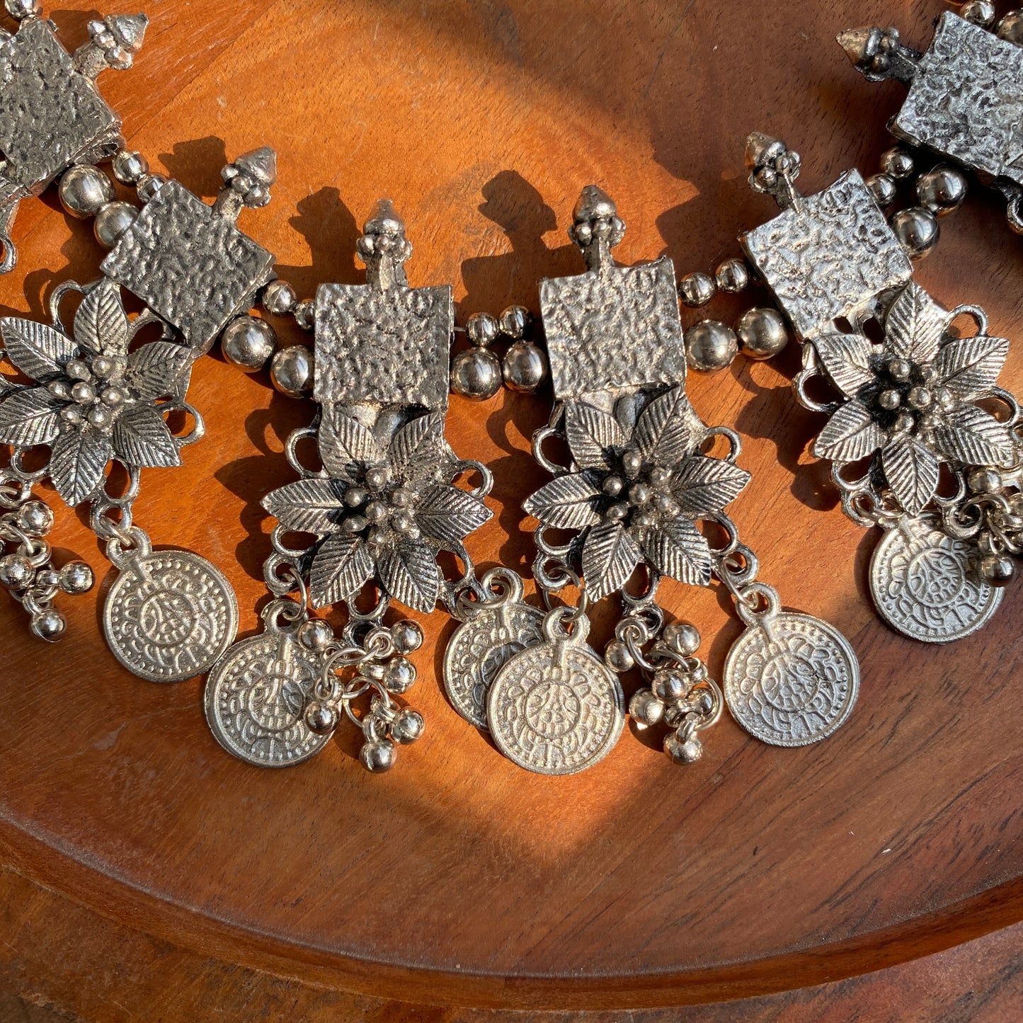 Elegant Floral Oxidised Necklace Set with Ghungroo & Coins