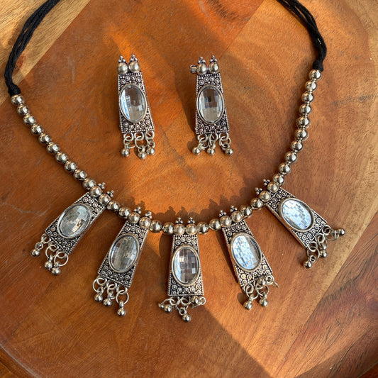 Silver Oxidised Beaded Mirror Necklace Set