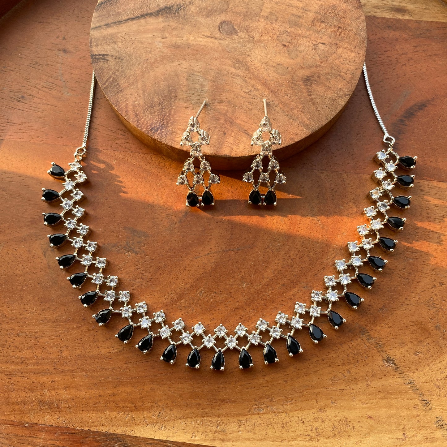 Designer AD/CZ Necklace Set with Black Drop Shaped Stones