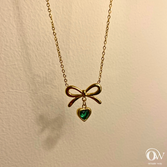 Bow Pendant with Green Heart Emerald Dainty Pendant With Golden Chain