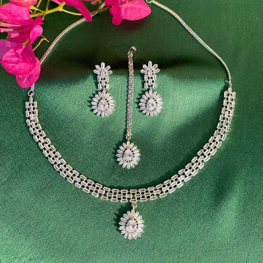 Cluster Silver & Diamond Necklace Set with Maang Tika